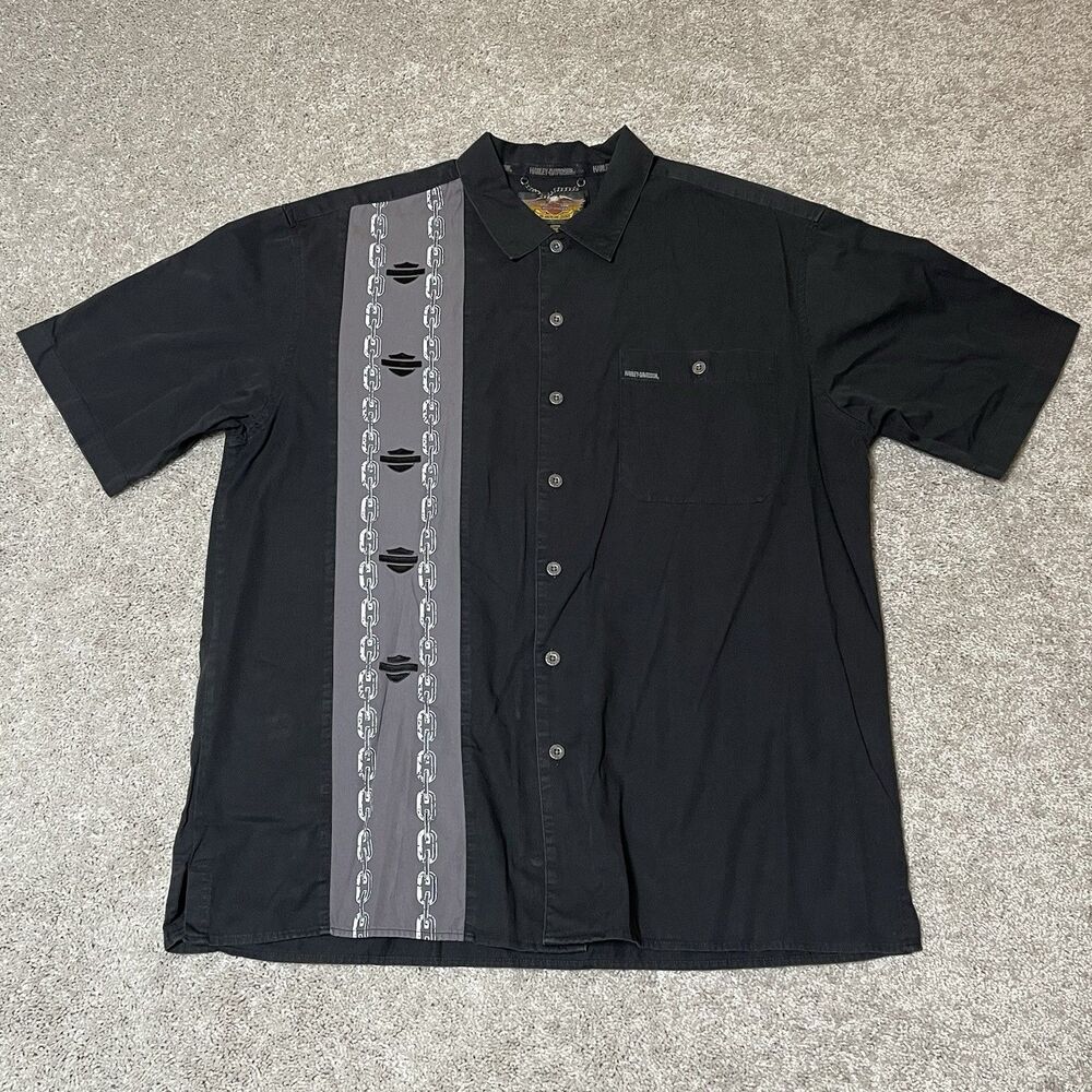 Harley Davidson Men's XL Button Shirt Chain Links Biker Motorcycle Black Polo